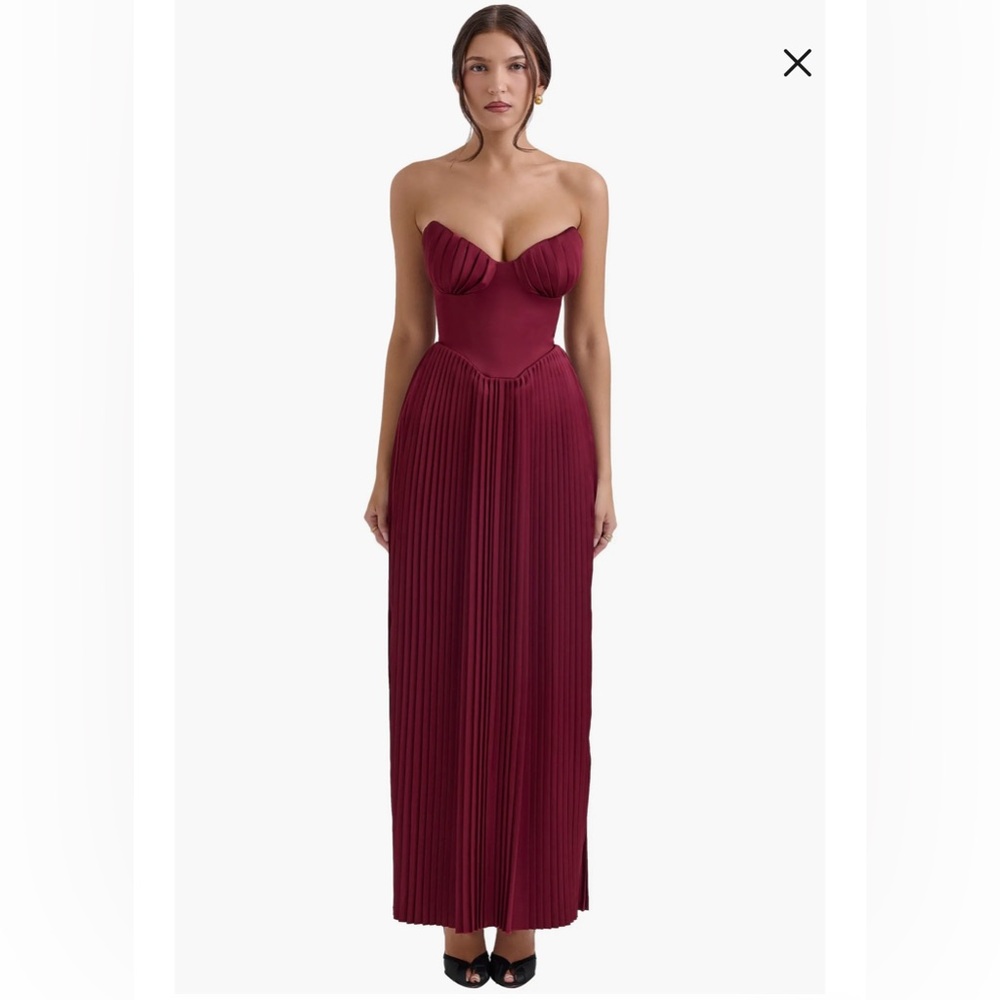 House of CB Red Pleated Strapless Gown